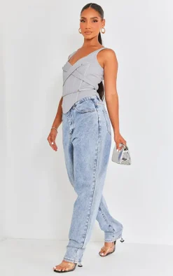 Grey Stretch Woven Boned Cross Detail Corset