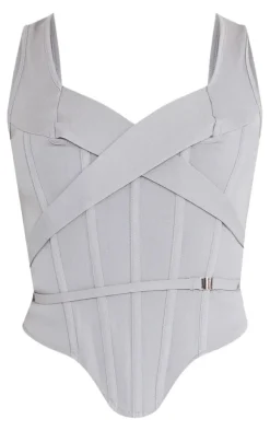 Grey Stretch Woven Boned Cross Detail Corset