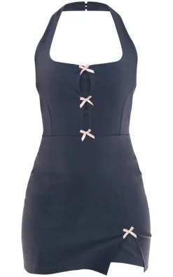 Grey Stretch Woven Bow Detail Halterneck Bodycon Dress