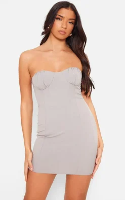 Grey Stretch Woven Ruched Cup Mini Dress