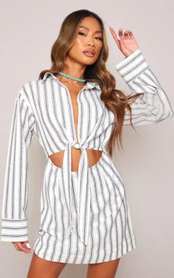 Grey Stripe Knot Front Long Sleeve Shirt Dress