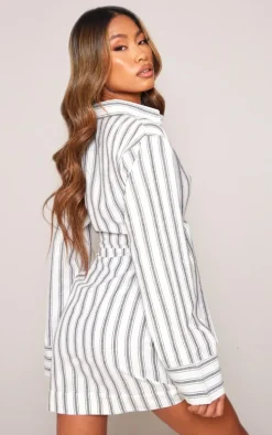 Grey Stripe Knot Front Long Sleeve Shirt Dress