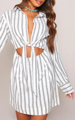 Grey Stripe Knot Front Long Sleeve Shirt Dress