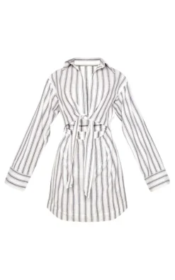 Grey Stripe Knot Front Long Sleeve Shirt Dress