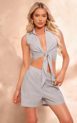 Grey Stripe Linen Look Tailored Shorts