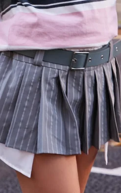 Grey Stripe Pleated Belt Detail Mini Skirt