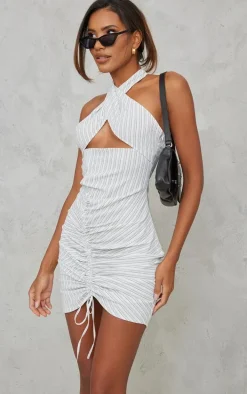 Grey Stripe Textured Wrap Neck Ruched Bodycon Dress