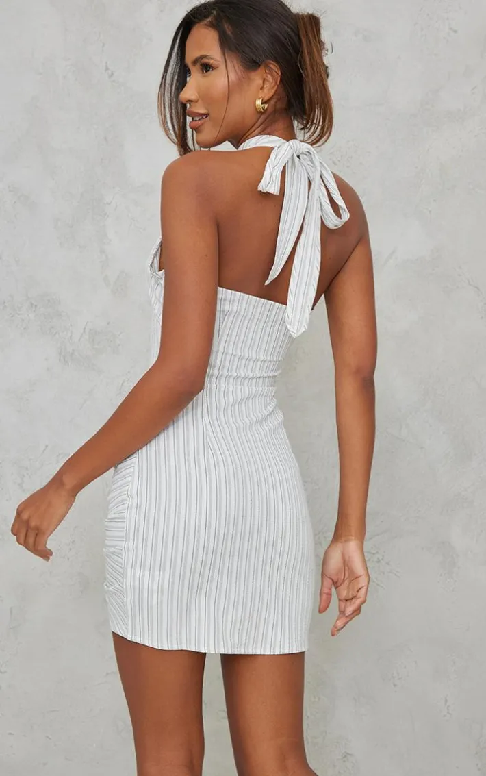 Grey Stripe Textured Wrap Neck Ruched Bodycon Dress