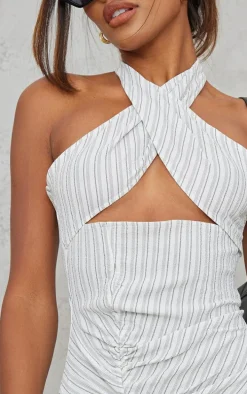 Grey Stripe Textured Wrap Neck Ruched Bodycon Dress