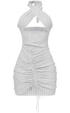 Grey Stripe Textured Wrap Neck Ruched Bodycon Dress