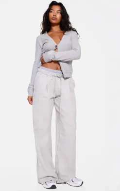 Grey Striped Double Waistband Drawstring Wide Leg Tailored Pants