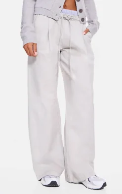 Grey Striped Double Waistband Drawstring Wide Leg Tailored Pants