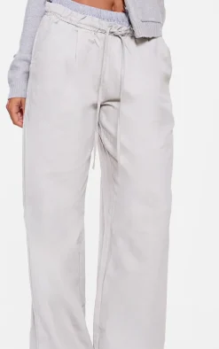 Grey Striped Double Waistband Drawstring Wide Leg Tailored Pants