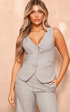 Grey Striped Tailored Woven Wide Leg Pants