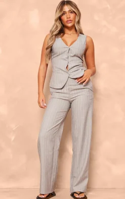 Grey Striped Tailored Woven V Neck Vest