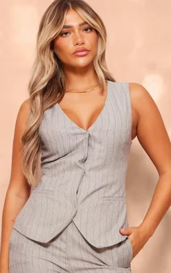 Grey Striped Tailored Woven V Neck Vest