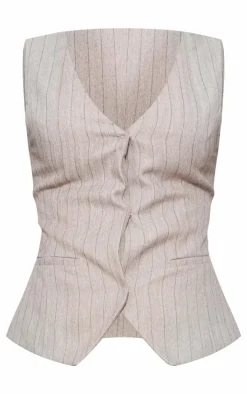 Grey Striped Tailored Woven V Neck Vest