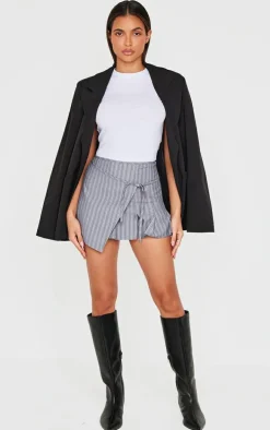 Grey Striped Wrap Tie Detail Pleated Skort