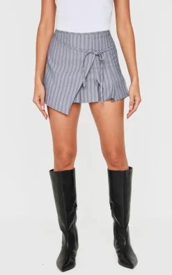Grey Striped Wrap Tie Detail Pleated Skort