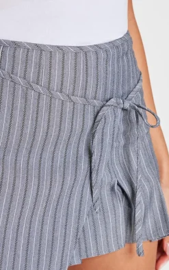Grey Striped Wrap Tie Detail Pleated Skort