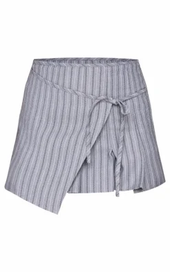 Grey Striped Wrap Tie Detail Pleated Skort