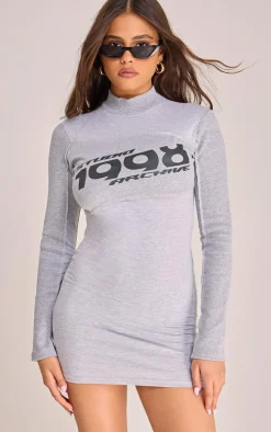 Grey Studio Graphic Long Sleeve High Neck Bodycon Dress