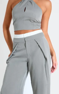 Grey Tailored Boxer Detail Straight Leg Pants