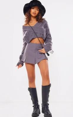 Grey Tailored Woven Box Pleat Skater Skort