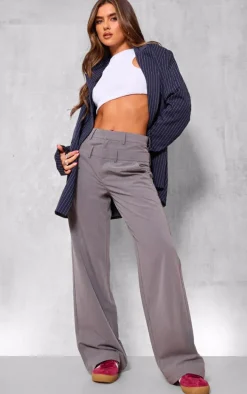 Grey Tailored Woven Double Waistband Straight Leg Pants