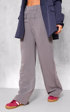 Grey Tailored Woven Double Waistband Straight Leg Pants
