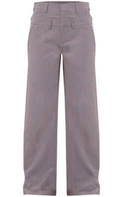 Grey Tailored Woven Double Waistband Straight Leg Pants