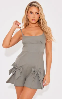Grey Tailored Woven Pleated Bow Shift Dress