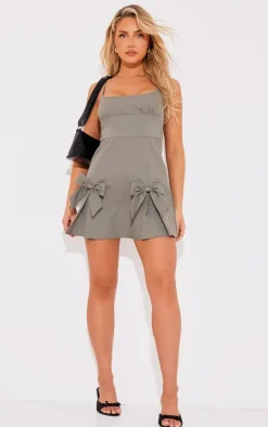 Grey Tailored Woven Pleated Bow Shift Dress