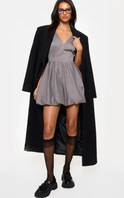 Grey Tailored Woven V Neck Puffball Mini Dress