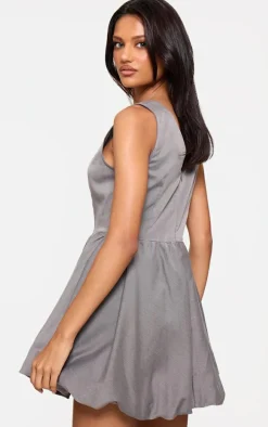 Grey Tailored Woven V Neck Puffball Mini Dress