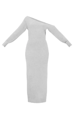 Grey Teddy Knit Off Shoulder Maxi Dress
