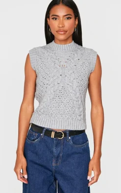 Grey Textured Cable Knit Sweater Vest