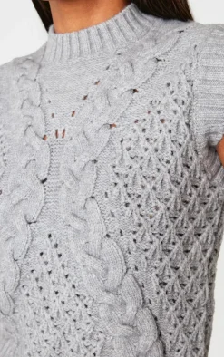 Grey Textured Cable Knit Sweater Vest