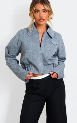 Grey Textured Collar Detail Cropped Bomber Jacket