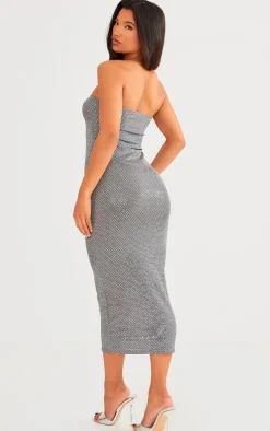 Grey Textured Glitter Bandeau Midaxi Dress
