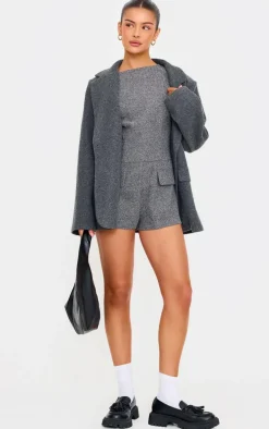 Grey Tweed Sleeveless Pocket Detail Romper
