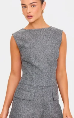 Grey Tweed Sleeveless Pocket Detail Romper
