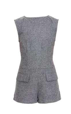 Grey Tweed Sleeveless Pocket Detail Romper