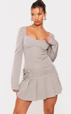 Grey Twill Buckle Contrast Stitch Pleated Shift Dress