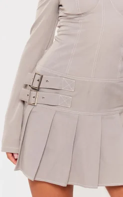 Grey Twill Buckle Contrast Stitch Pleated Shift Dress