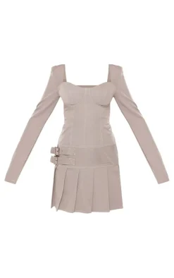 Grey Twill Buckle Contrast Stitch Pleated Shift Dress