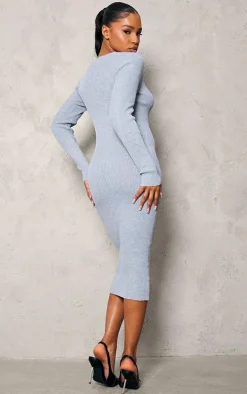 Grey V Neck Knit Midi Dress