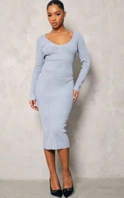 Grey V Neck Knit Midi Dress