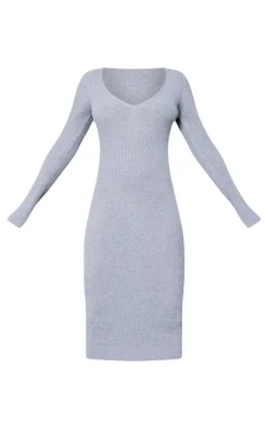Grey V Neck Knit Midi Dress