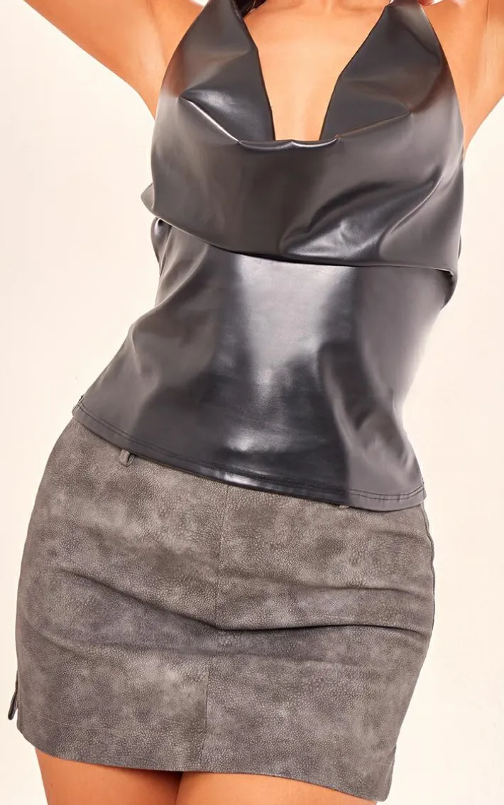 Grey Washed Faux Leather Low Rise Seam Detail Micro Mini Skirt